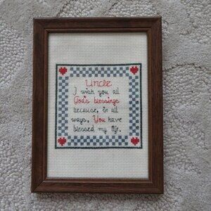 Cross Stitch Picture for Uncle Blessing Framed Vintage 5.5" x 7.75" Hearts